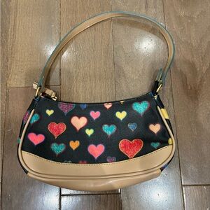 Black Heart-Print Shoulder Bag with Tan Trim